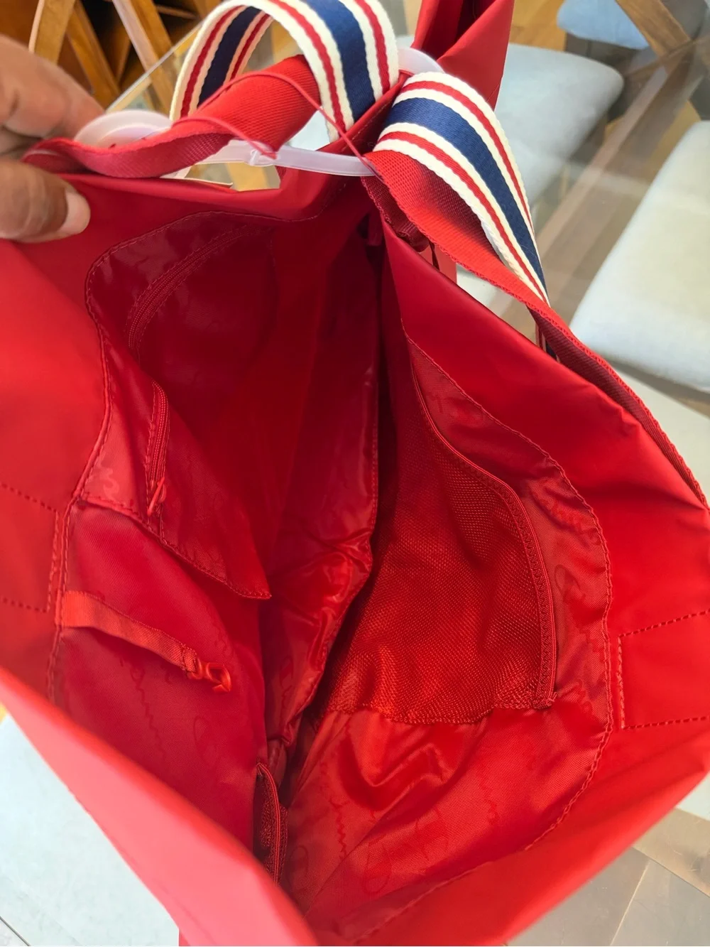 Champion Red Nylon Tote with Striped Shoulder Handles